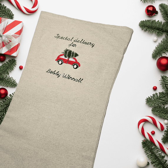 Personalised Christmas Car Linen Stocking -- IMA Trading Ltd