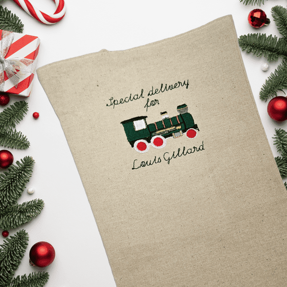 Personalised Christmas Train Linen Stocking -- IMA Trading Ltd